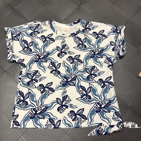 MELLODAY WOMENS BLUE FLORAL BLOUSE SHORT SLEEVE SIZE LARGE - Picture 1 of 6